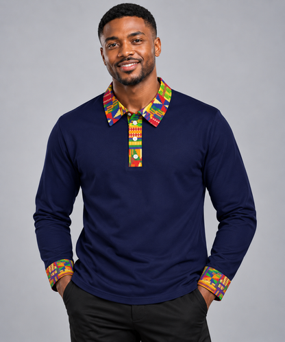 Men's Sports Long Sleeve Polo — Kente Accent, Navy Base Color