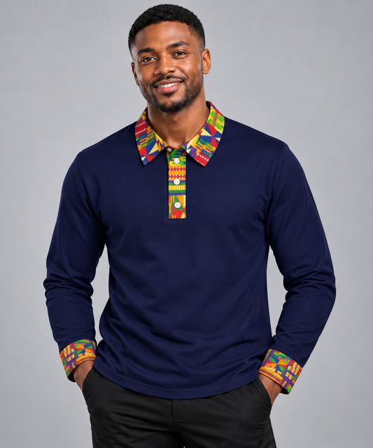 Men's Sports Long Sleeve Polo — Kente Accent, Navy Base Color