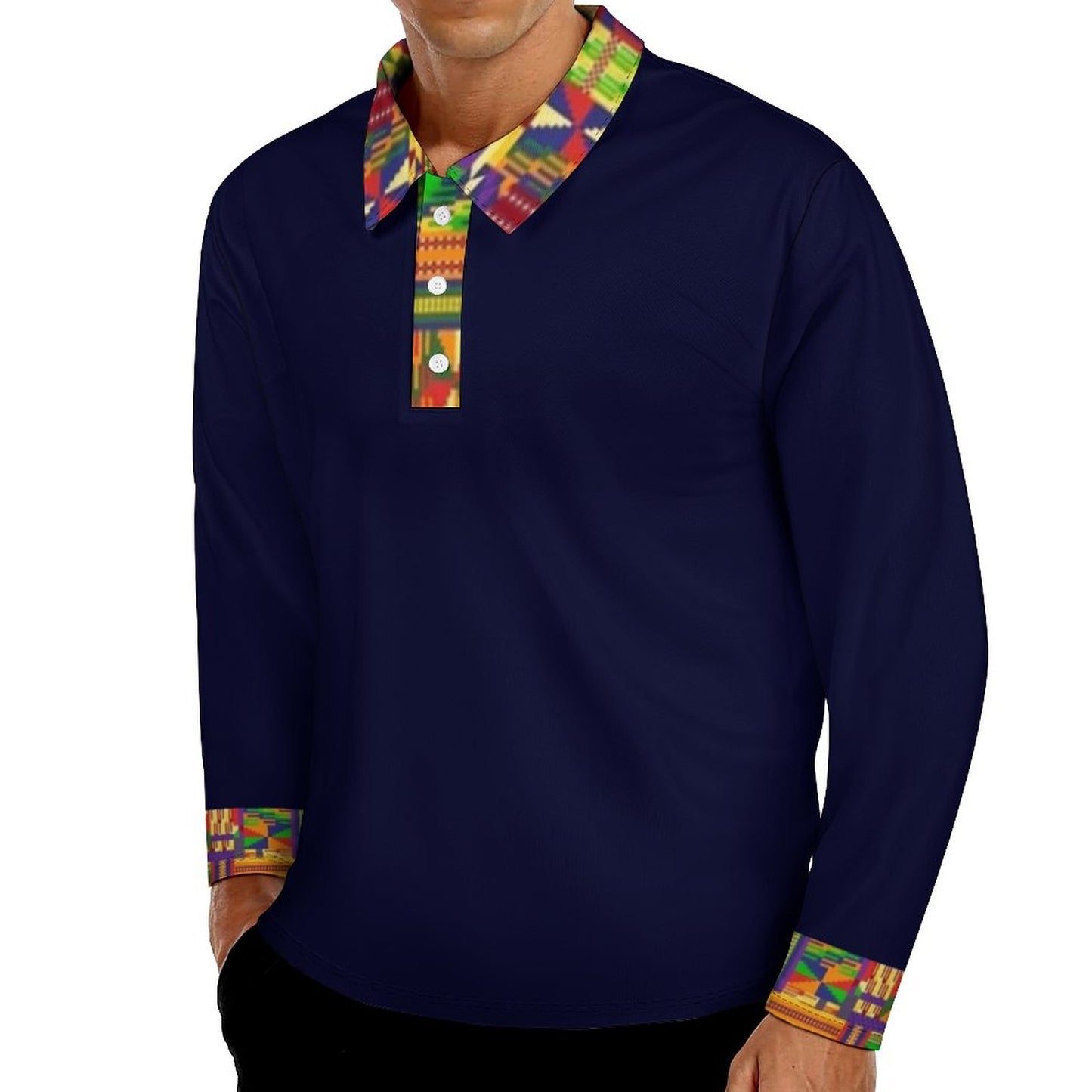 A man wearing a long-sleeve polo shirt in dark navy blue with a colorful geometric patterned collar, placket, and cuffs, shown against a plain white background.