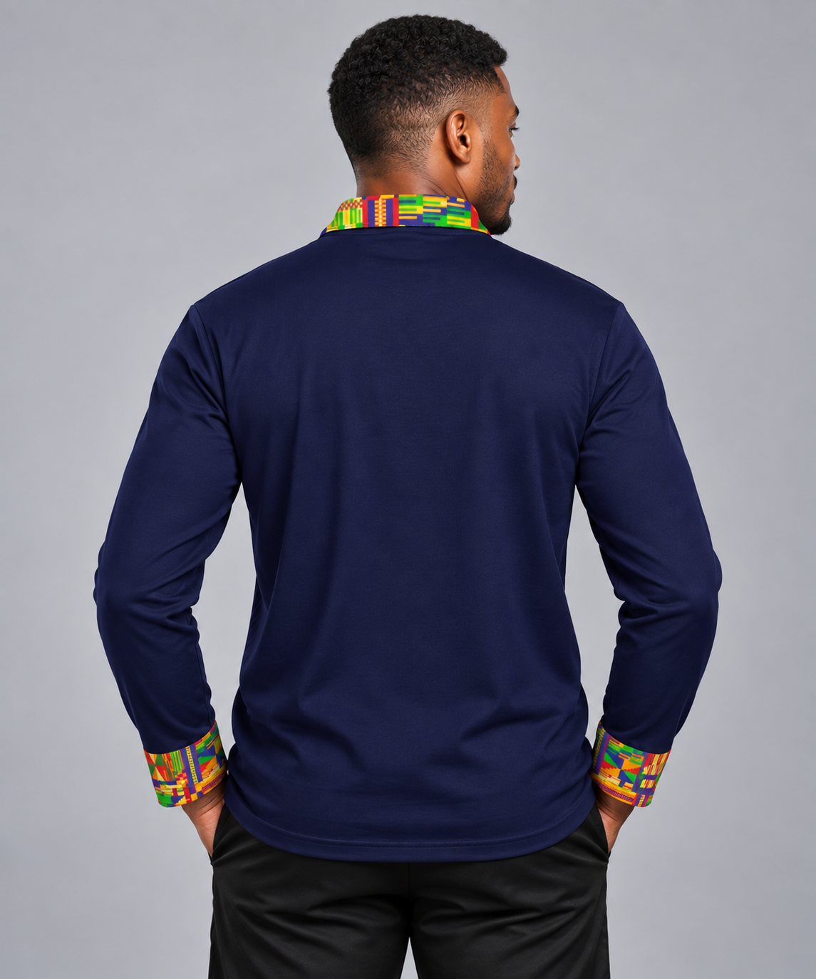 Men's Sports Long Sleeve Polo — Kente Accent, Navy Base Color