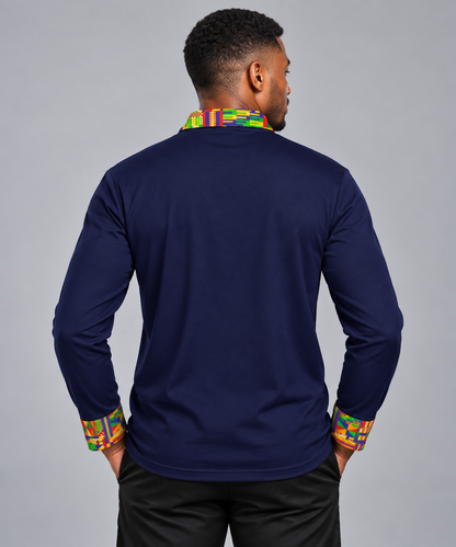 Men's Sports Long Sleeve Polo — Kente Accent, Navy Base Color