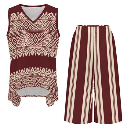 A two-piece women's outfit set featuring a sleeveless V-neck top with a cream geometric pattern on a burgundy background, and matching wide-leg cropped pants with vertical burgundy and cream stripes.