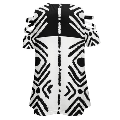 Mudcloth Print Open-Shoulder Zip Top — Black & White