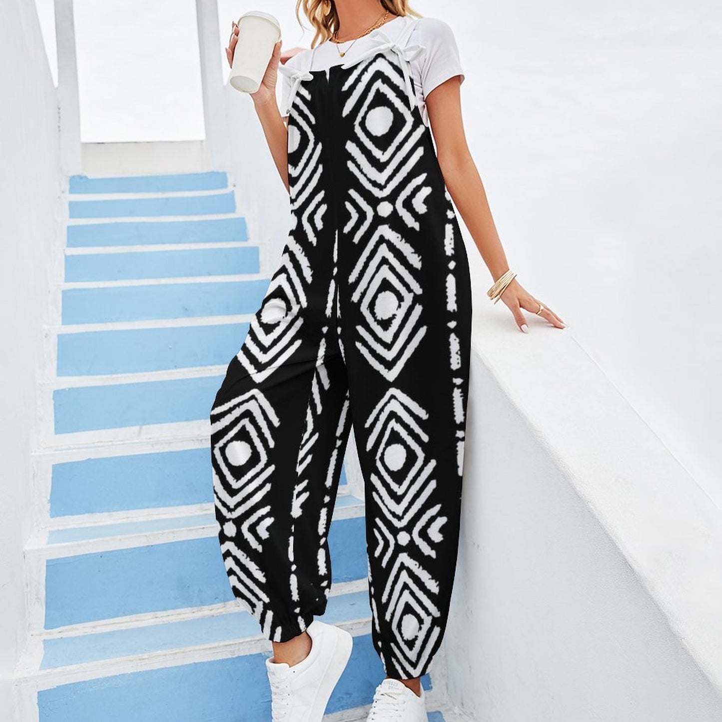 Bogolan Print Spaghetti Strap Jumpsuit | Black & White Wide-Leg Tie-Strap Romper