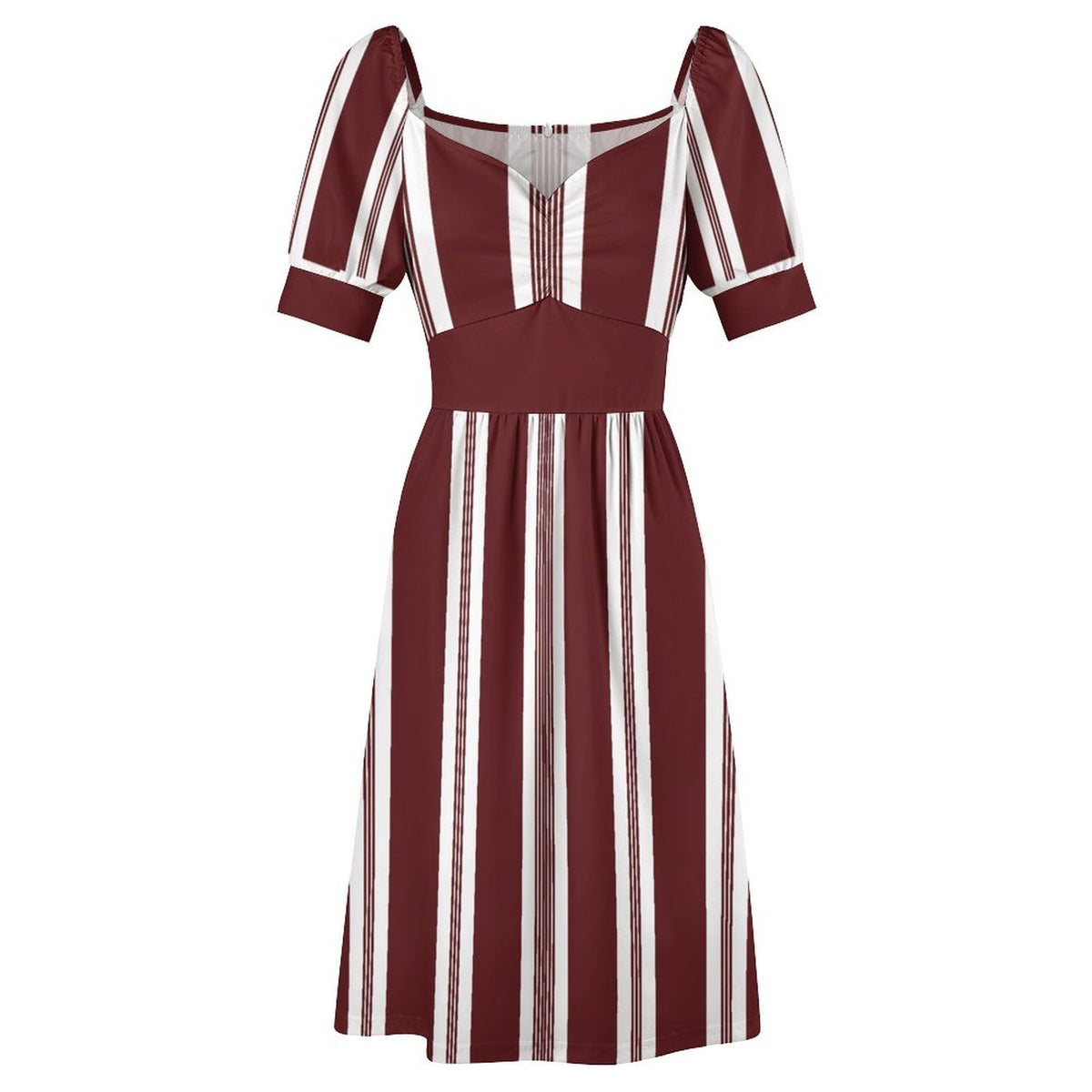 Striped Fit & Flare V-Neck Dress — Burgundy & White