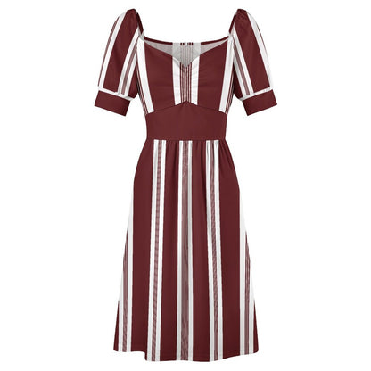 Striped Fit & Flare V-Neck Dress — Burgundy & White