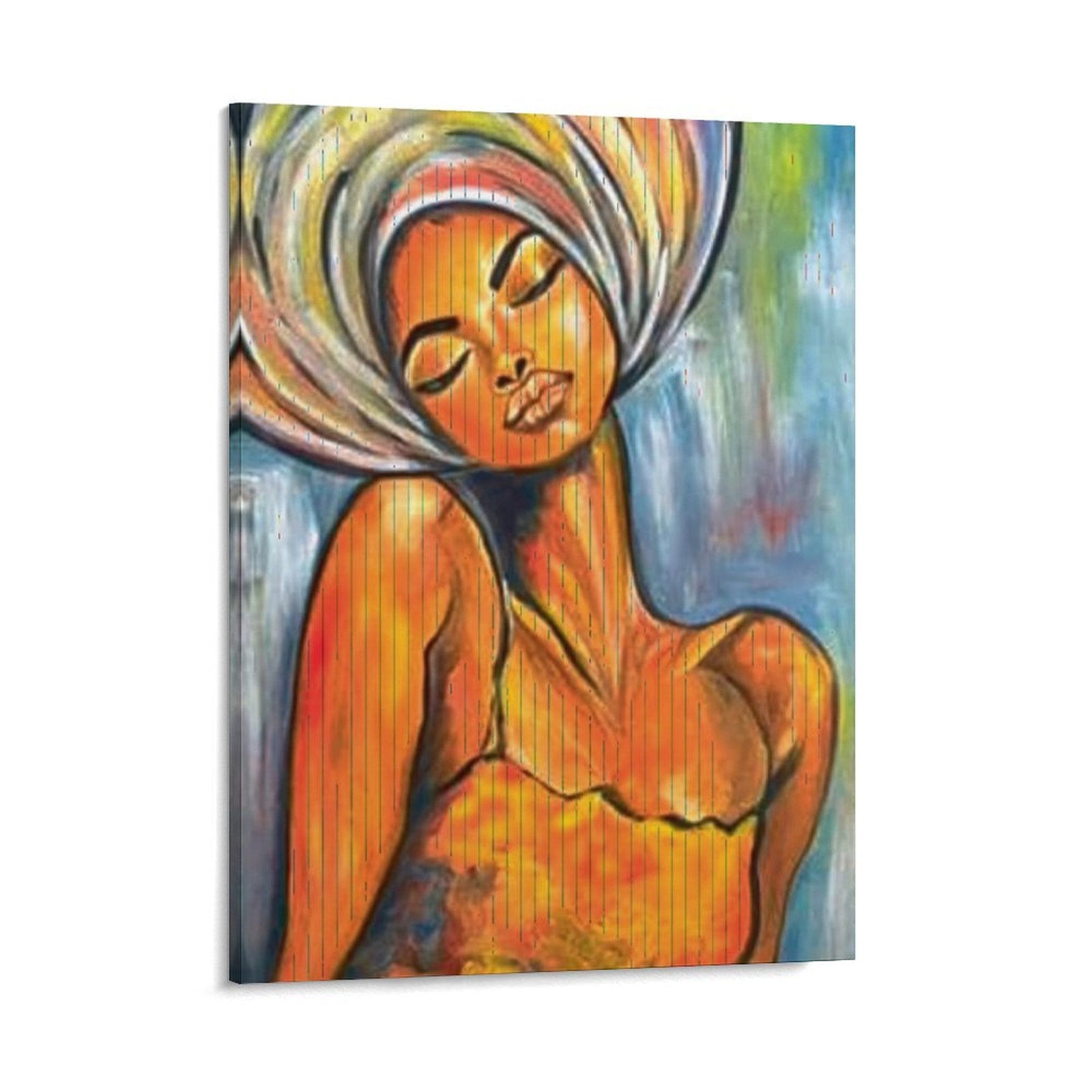 A vertical canvas wall art print featuring an expressive, colorful painting of a woman with closed eyes, rendered in warm orange, yellow, and brown tones against a blue and green painted background.
