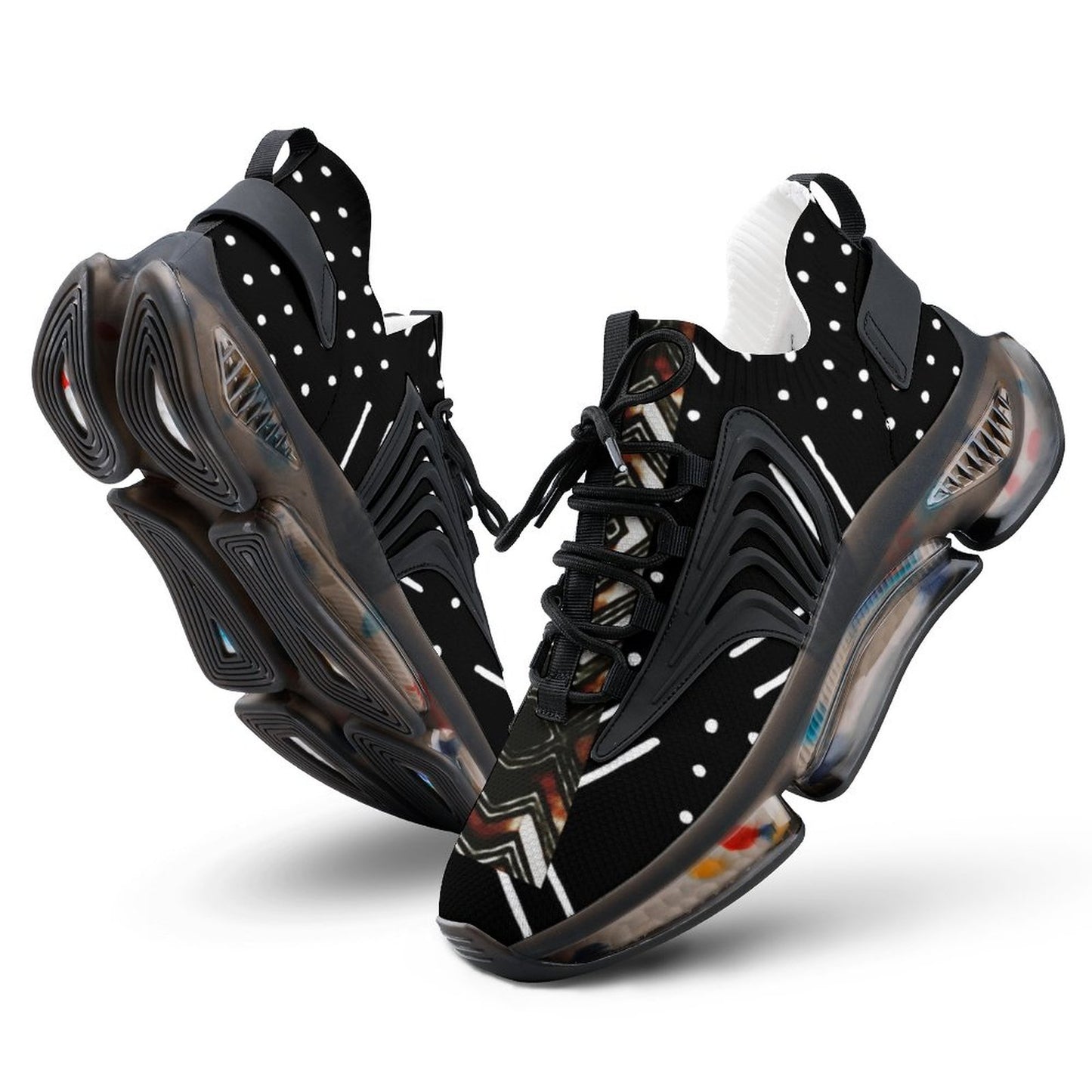 A pair of black high-top sneakers with white polka dots on the upper, black laces, and chunky translucent sole units featuring abstract multicolor patterns, shown on a white background.