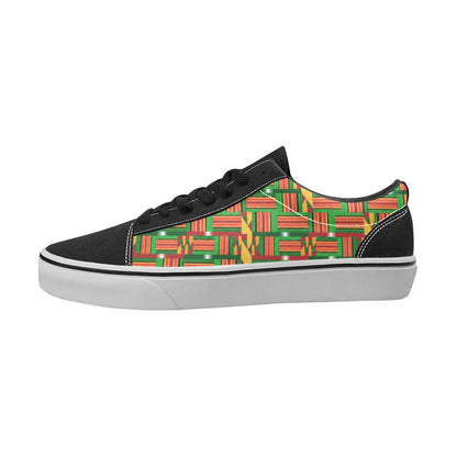 Kente Print Men’s Low-Top Skate Sneakers — Black Suede Accents (ME001-2)