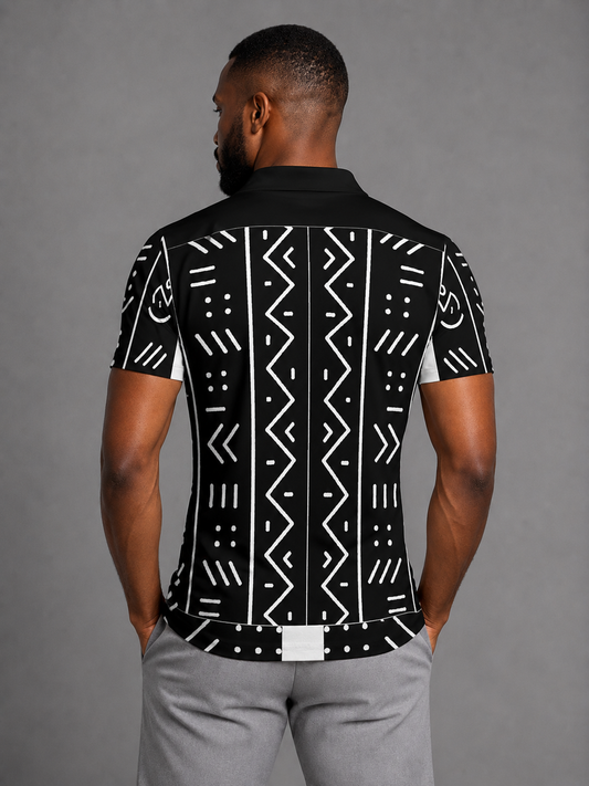 Mudcloth Print Zip Polo Shirt — Men's Cotton Print