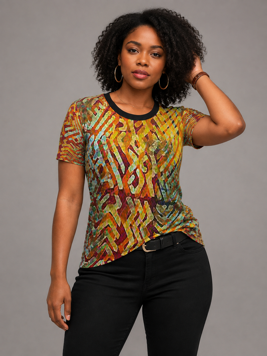 Women's Multicolor Abstract Weave Relaxed Fit T-Shirt