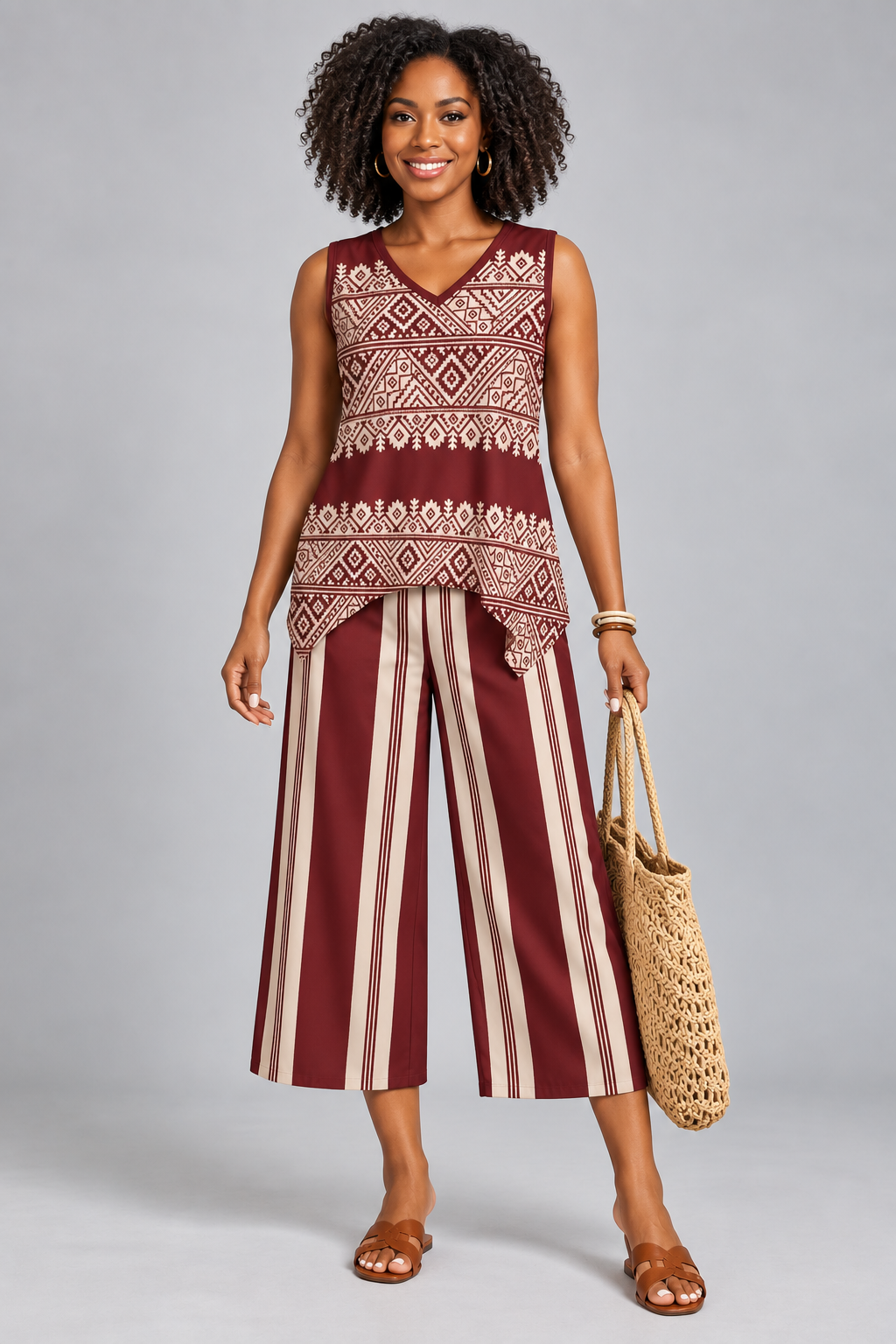 Aztec Print V-Neck Top & Striped Wide Leg Pants Set — 120gsm