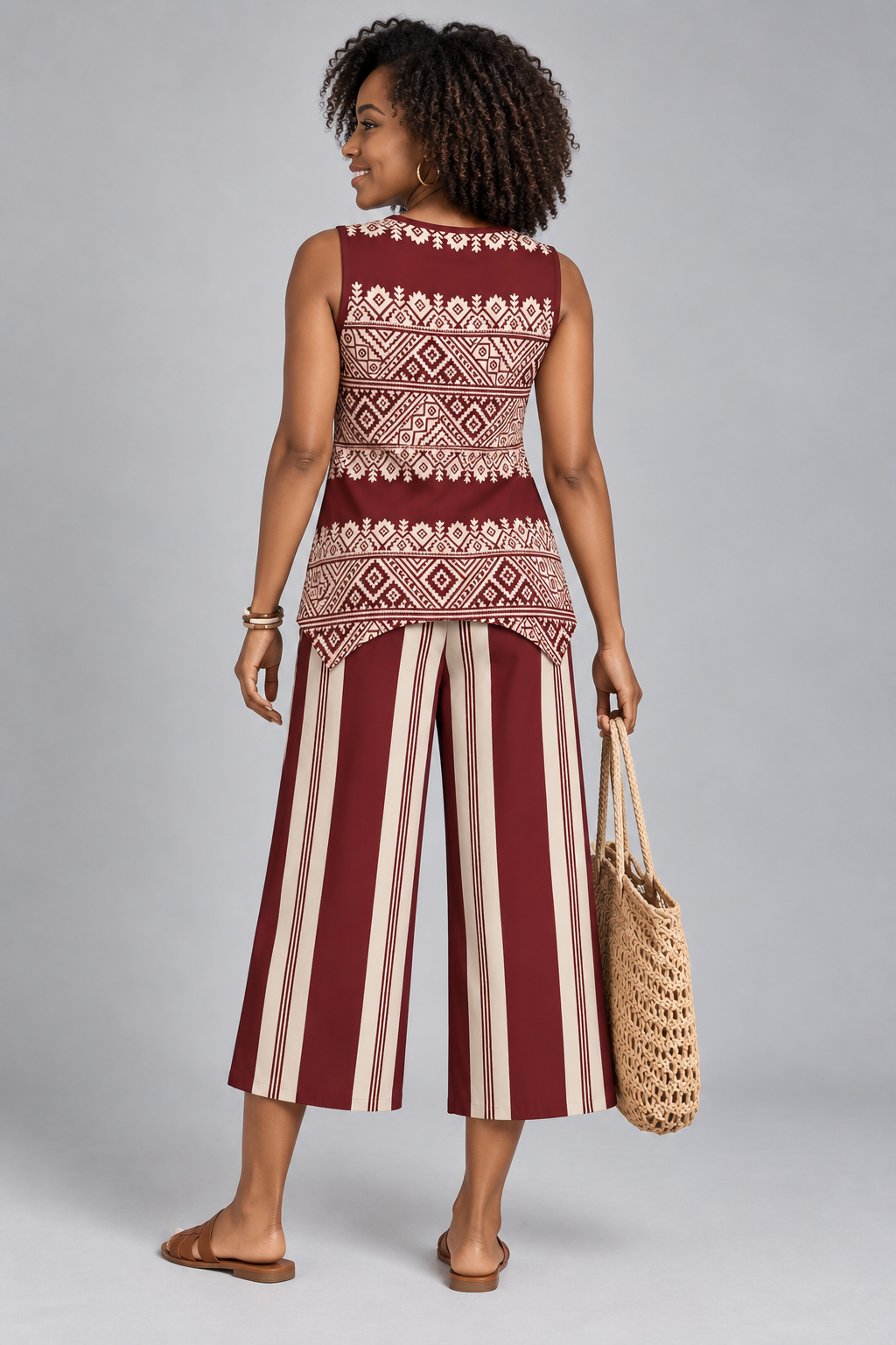 Aztec Print V-Neck Top & Striped Wide Leg Pants Set — 120gsm