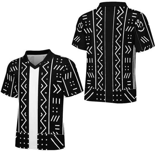 Black short-sleeve V-neck shirt with white geometric tribal-style patterns, shown from both front and back views on a plain white background.