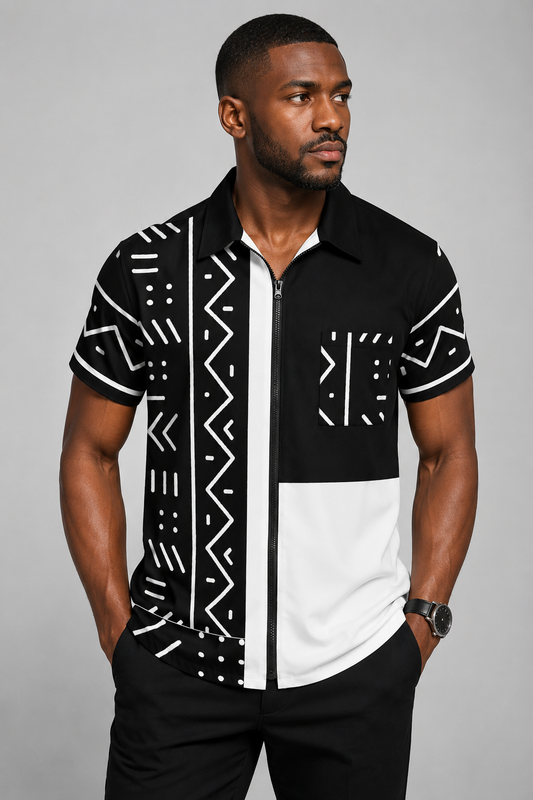 Mudcloth Print Zip Up Shirt with Color Block Design — Men's