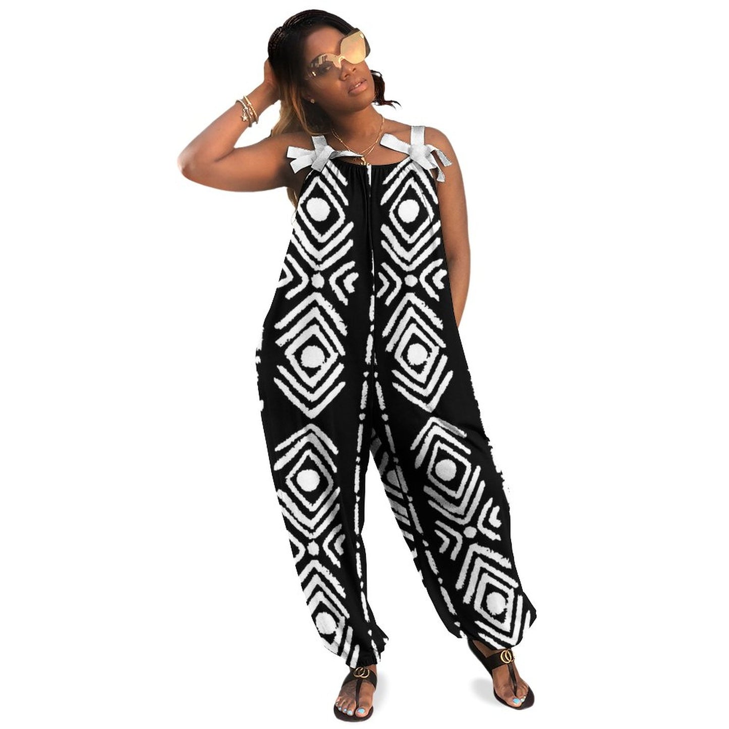 Bogolan Print Spaghetti Strap Jumpsuit | Black & White Wide-Leg Tie-Strap Romper