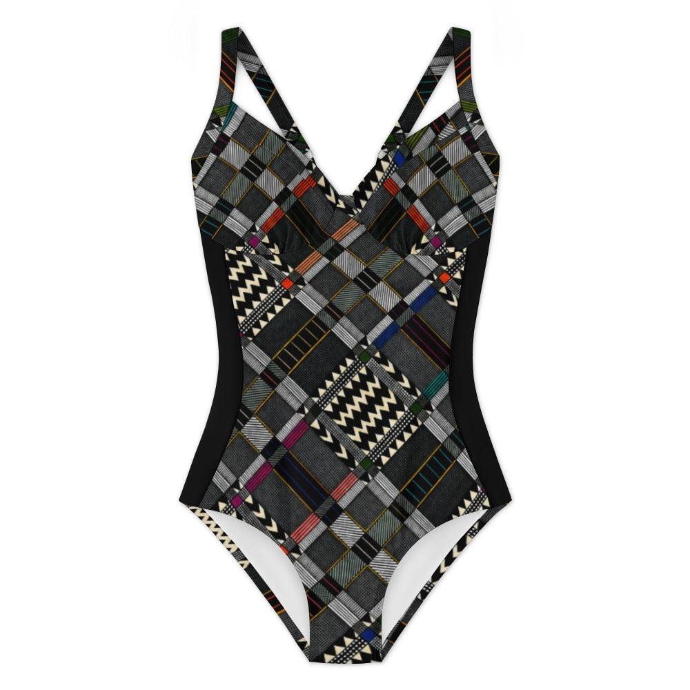 Kente-Inspired Diagonal Weave One-Piece Swimsuit