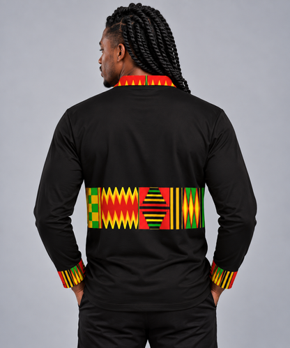 Men's Long Sleeve Sports Polo — Kente-Pattern Trim, Black