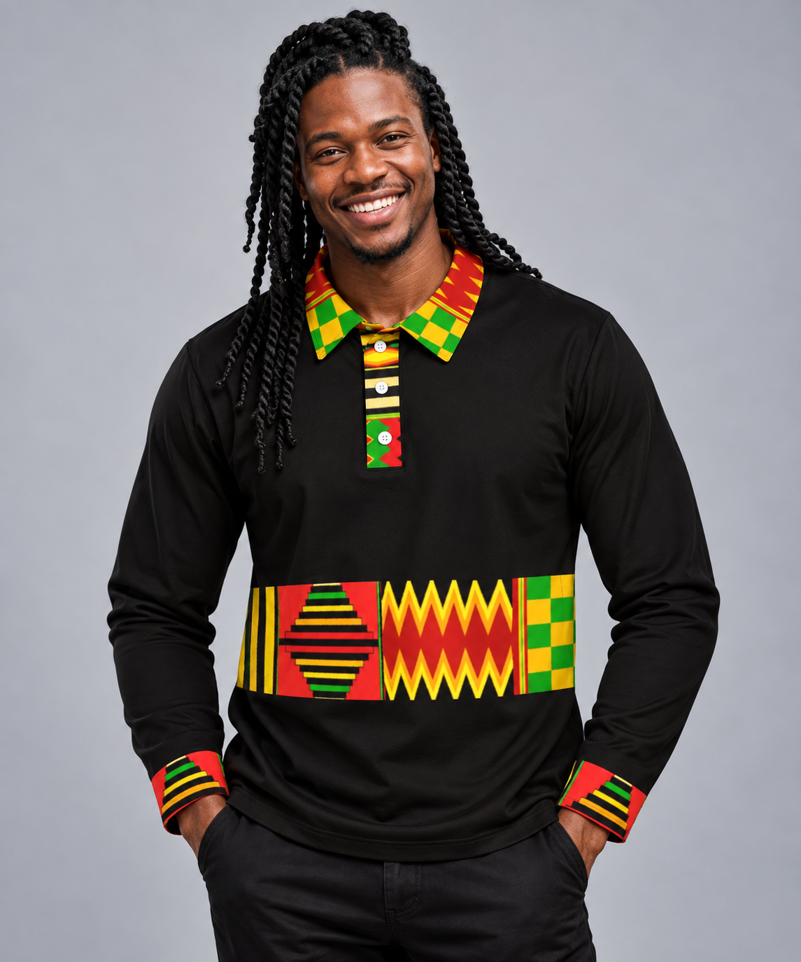Men's Long Sleeve Sports Polo — Kente-Pattern Trim, Black