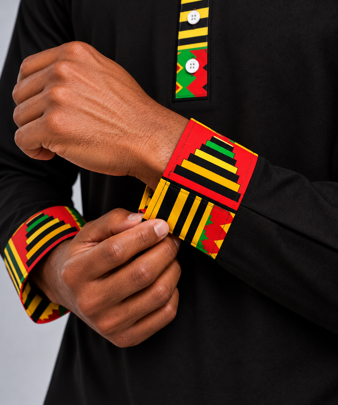 Men's Long Sleeve Sports Polo — Kente-Pattern Trim, Black