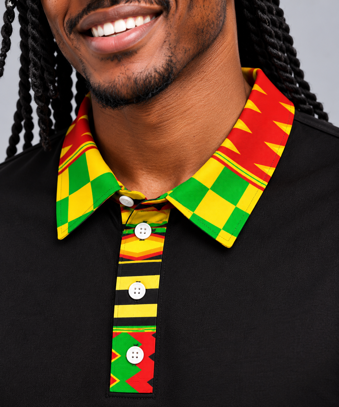Men's Long Sleeve Sports Polo — Kente-Pattern Trim, Black
