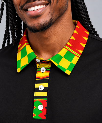Men's Long Sleeve Sports Polo — Kente-Pattern Trim, Black