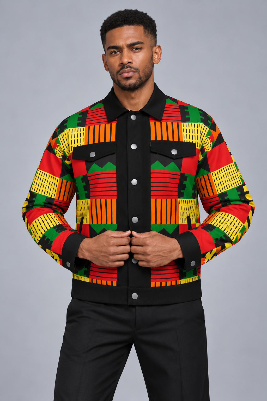 Colorful Kente-Inspired Heritage Cotton Jacket for Men – African Print Button-Up Lapel Jacket