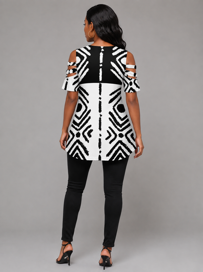 Mudcloth Print Open-Shoulder Zip Top — Black & White