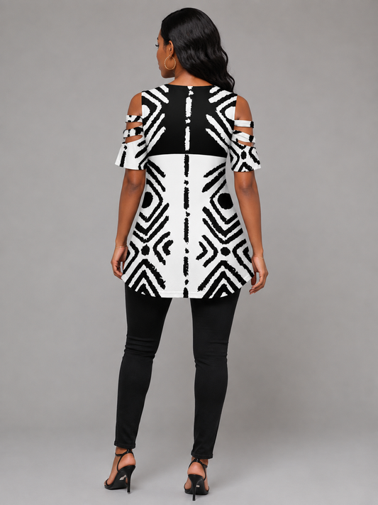 Mudcloth Print Open-Shoulder Zip Top — Black & White