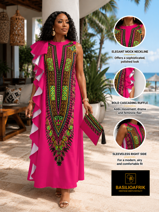 Dashiki Panel Cascading Ruffle Maxi Dress — Basilioafrik