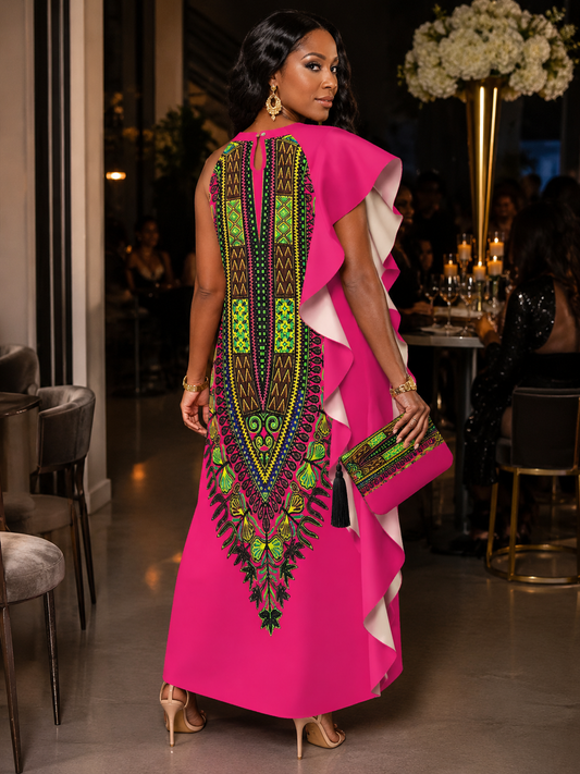 Dashiki Panel Cascading Ruffle Maxi Dress — Basilioafrik