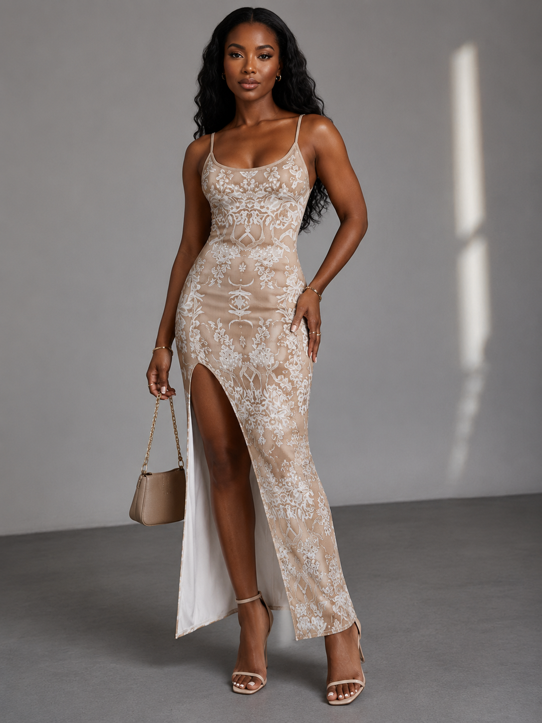 Floral Lace Illusion Maxi Dress — Spaghetti Strap Slim Fit