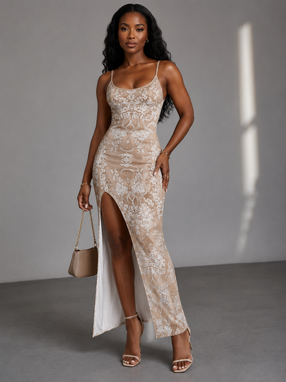 Floral Lace Illusion Maxi Dress — Spaghetti Strap Slim Fit