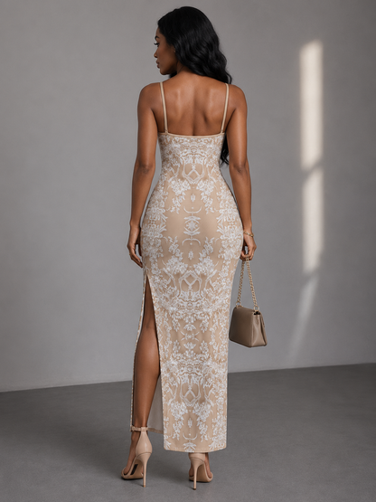Floral Lace Illusion Maxi Dress — Spaghetti Strap Slim Fit
