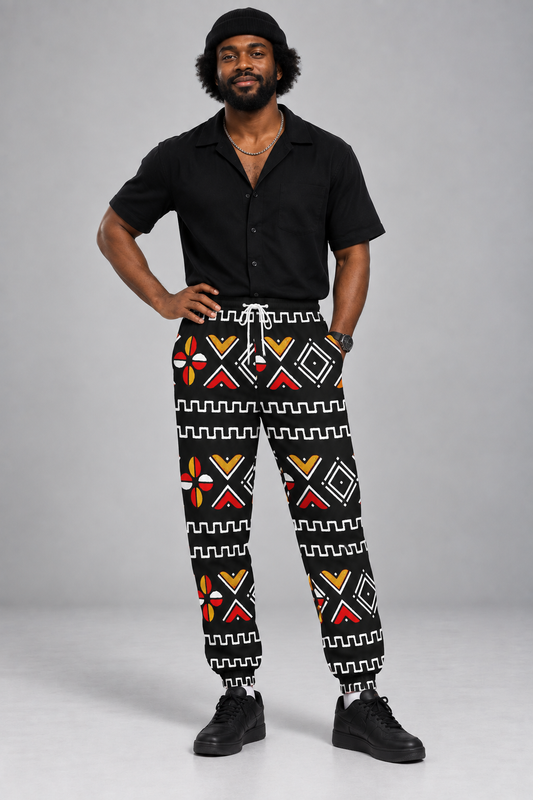 Mudcloth Print Cotton Joggers — Black, Red & Gold