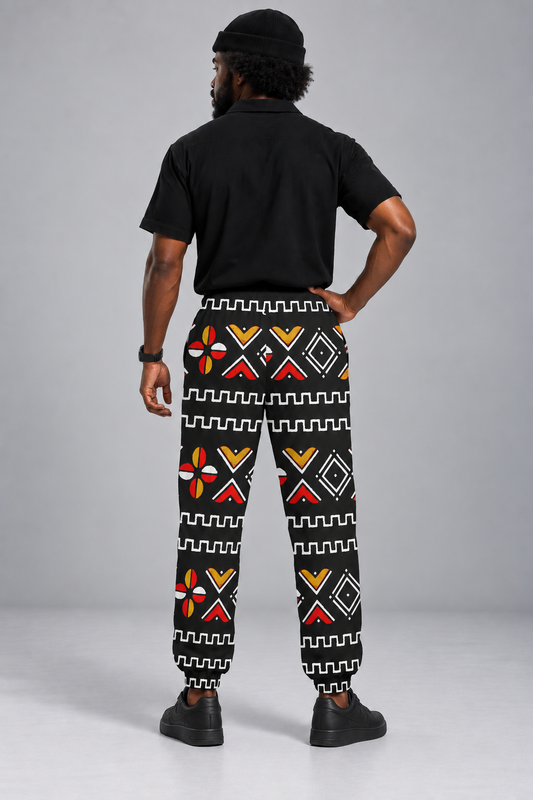 Mudcloth Print Cotton Joggers — Black, Red & Gold