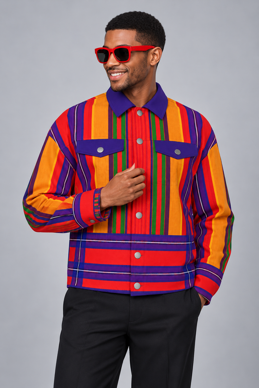 Bold Massai Shuka Inspired Striped Trucker Jacket — Men’s Cotton Canvas
