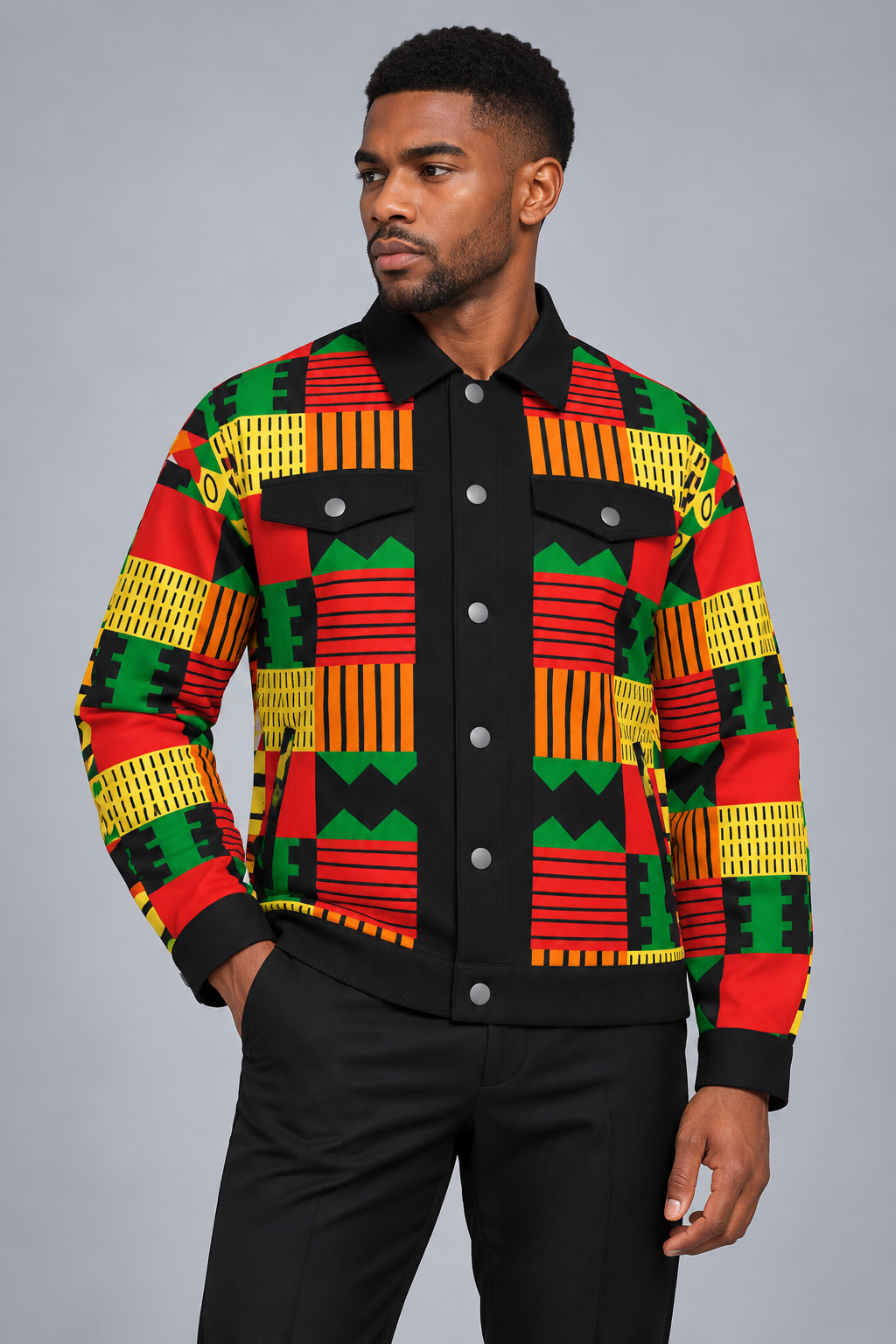 Colorful Kente-Inspired Heritage Cotton Jacket for Men – African Print Button-Up Lapel Jacket
