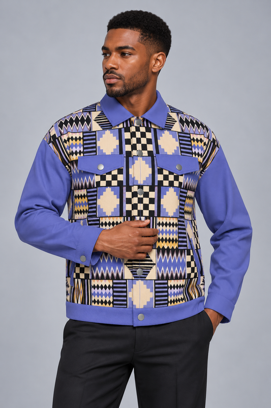 Kente-Inspired Unisex Lapel Heritage Cotton Jacket | 245GSM Cotton