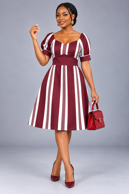 Striped Fit & Flare V-Neck Dress — Burgundy & White