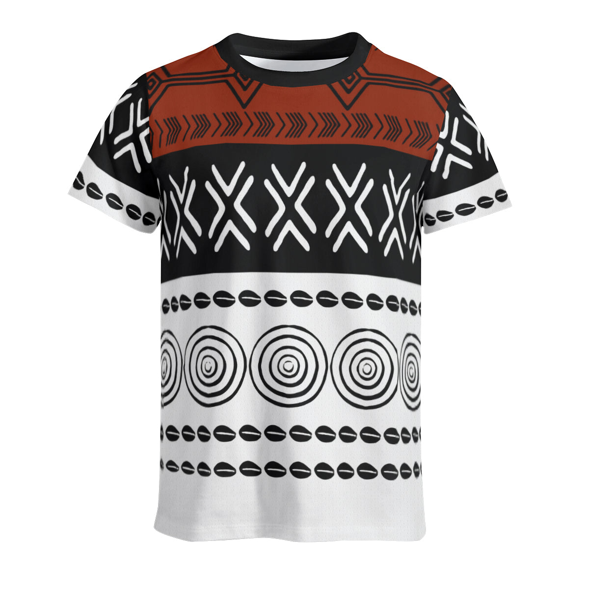 A short-sleeve crewneck t-shirt featuring a bold tribal-inspired geometric pattern in black, white, and rust orange, displayed on a clean white background.