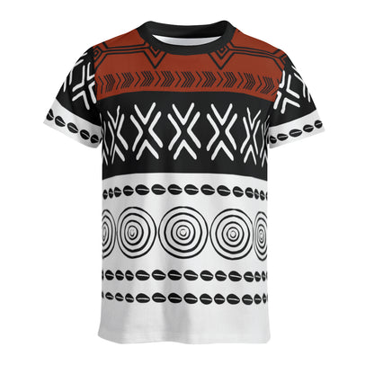 A short-sleeve crewneck t-shirt featuring a bold tribal-inspired geometric pattern in black, white, and rust orange, displayed on a clean white background.