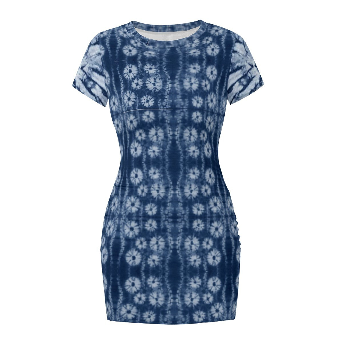 A short-sleeve bodycon dress with a blue and white shibori tie-dye pattern, shown against a plain white background.