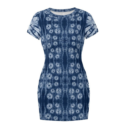 A short-sleeve bodycon dress with a blue and white shibori tie-dye pattern, shown against a plain white background.