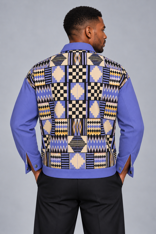 Kente-Inspired Unisex Lapel Heritage Cotton Jacket | 245GSM Cotton
