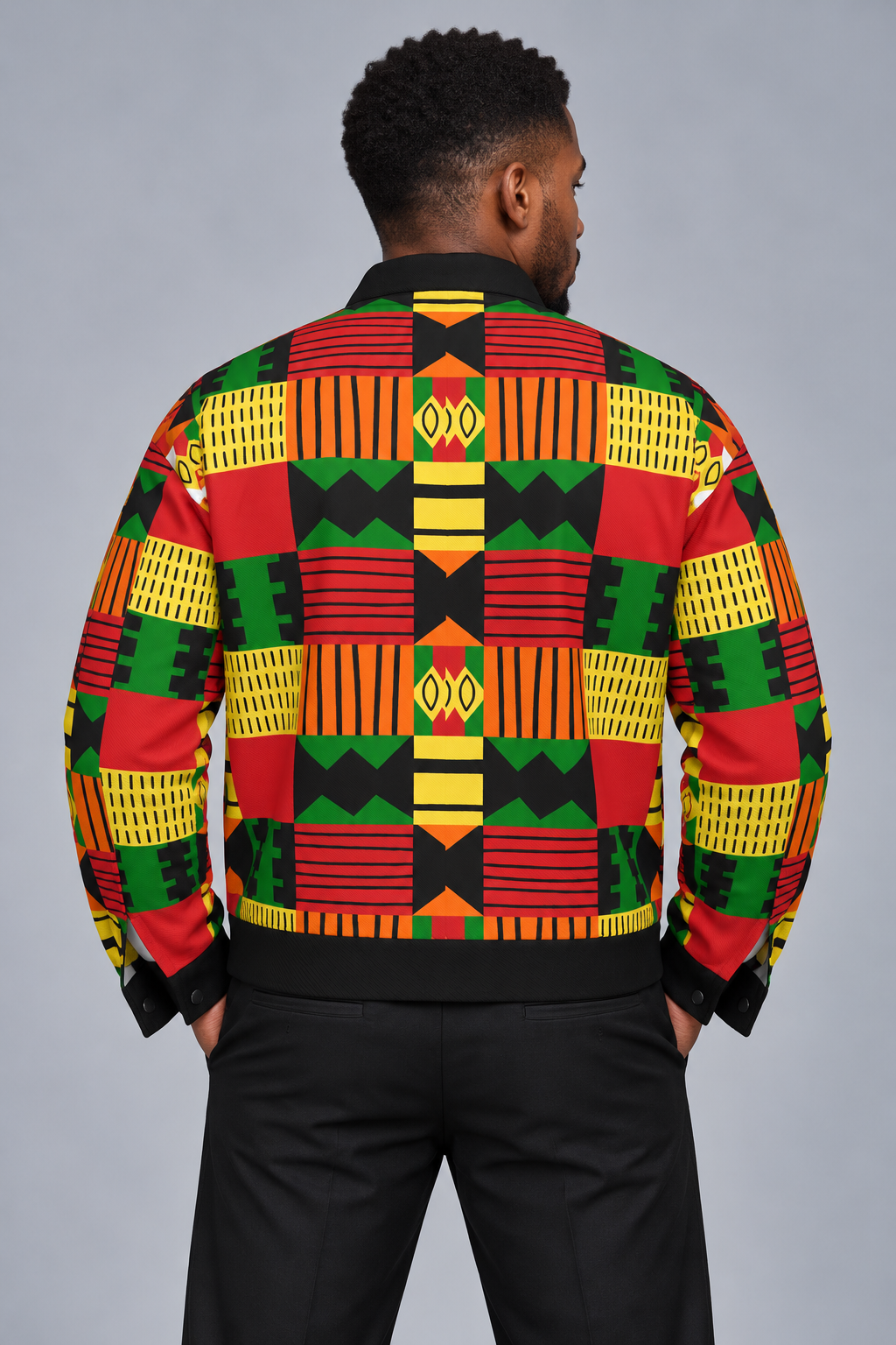 Colorful Kente-Inspired Heritage Cotton Jacket for Men – African Print Button-Up Lapel Jacket