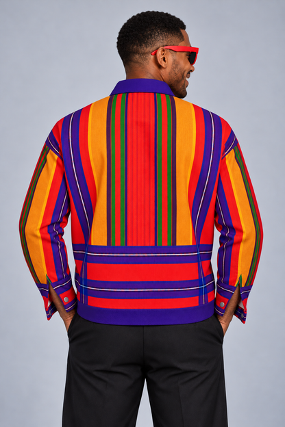 Bold Massai Shuka Inspired Striped Trucker Jacket — Men’s Cotton Canvas