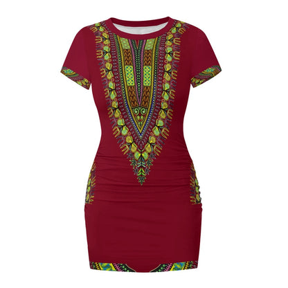 A short-sleeve bodycon dress in deep burgundy with a colorful African dashiki print pattern on the V-neckline and sleeve cuffs, shown against a plain white background.