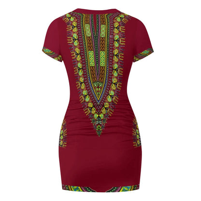 A short-sleeve bodycon dress in deep burgundy with a colorful African dashiki print in green, yellow, orange, and blue, shown from the back on a white background.