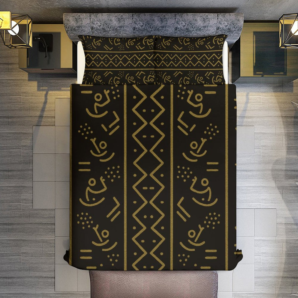 3-Piece Bedding Set — Bogolan Gold Symbol Print — Dual-Sided Printing — 105gsm Brushed Fabric